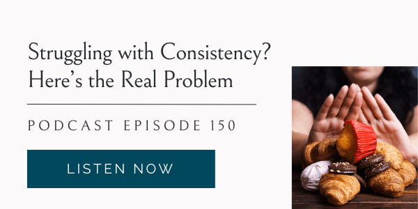 struggling with consistency with eating habits? Women trying to use willpower to resist eating desserts.