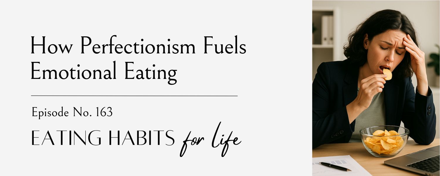 high-achieving woman who suffers from perfectionism and emotional eating, eating chips at work