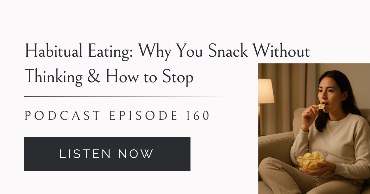 woman sitting on couch eating out of habit, mindless snacking