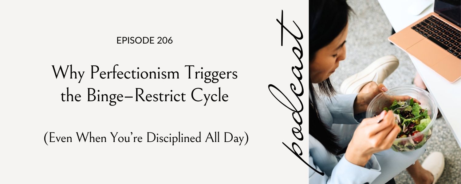 Why Perfectionism Triggers the Binge–Restrict Cycle (Even When You’re Disciplined All Day), Woman restricting herself and eating a salad for lunch at work