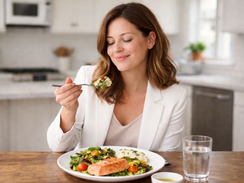 woman in healthcare eating mindfully and not overeating