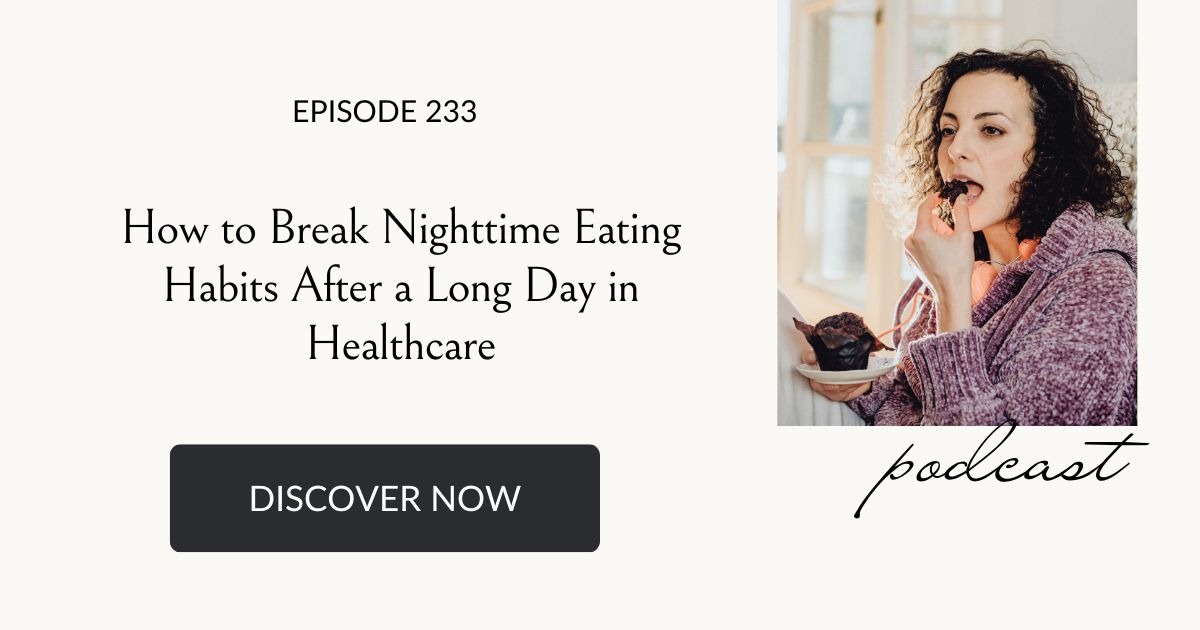 woman eating chocolate cupcake after a long day working in healthcare, nighttime snacking habit